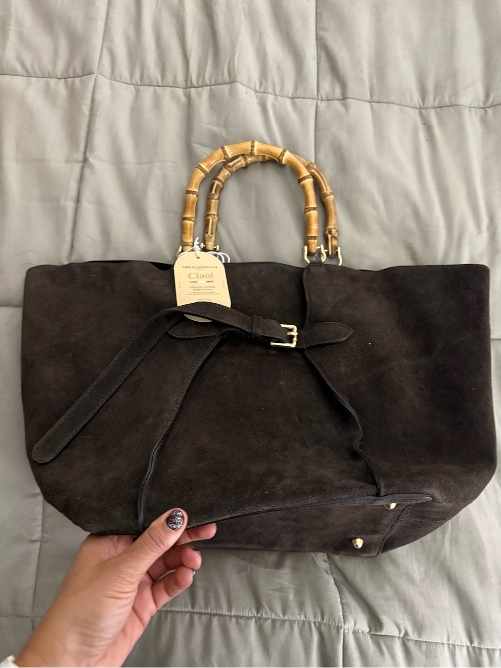 New Viola Castellani Suede Tote Bag with Bamboo Handles - Dark Brown